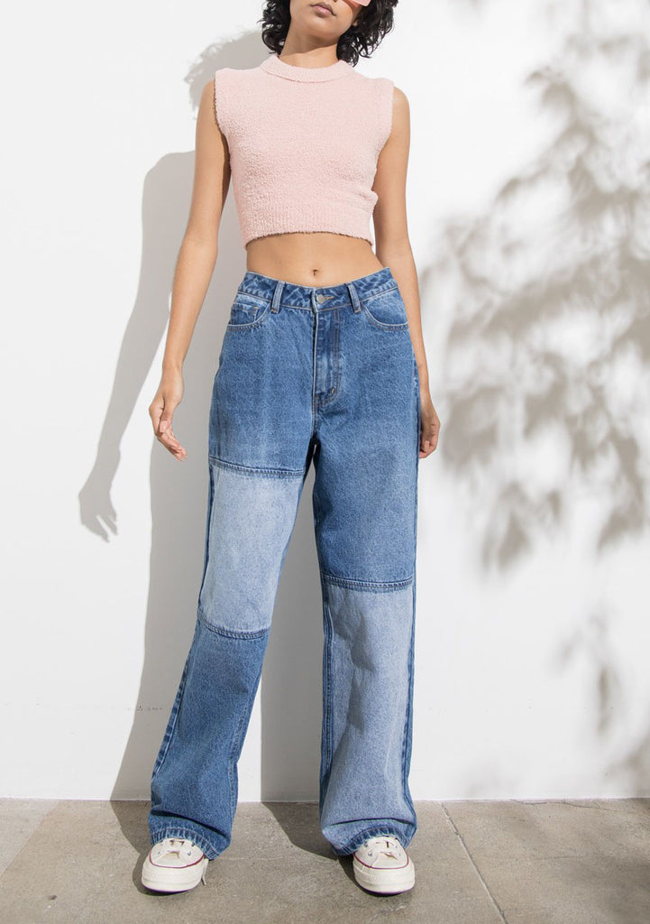 TIONA PATCH WASHED WIDE LEG DENIM PANTS